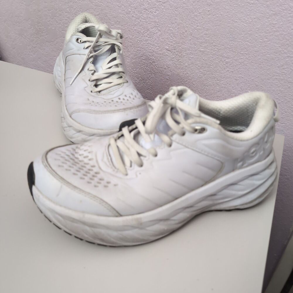 Hoka One One Bondi SR Shoes Mens 9.5 White Leather Shoes Work Shoe Traction